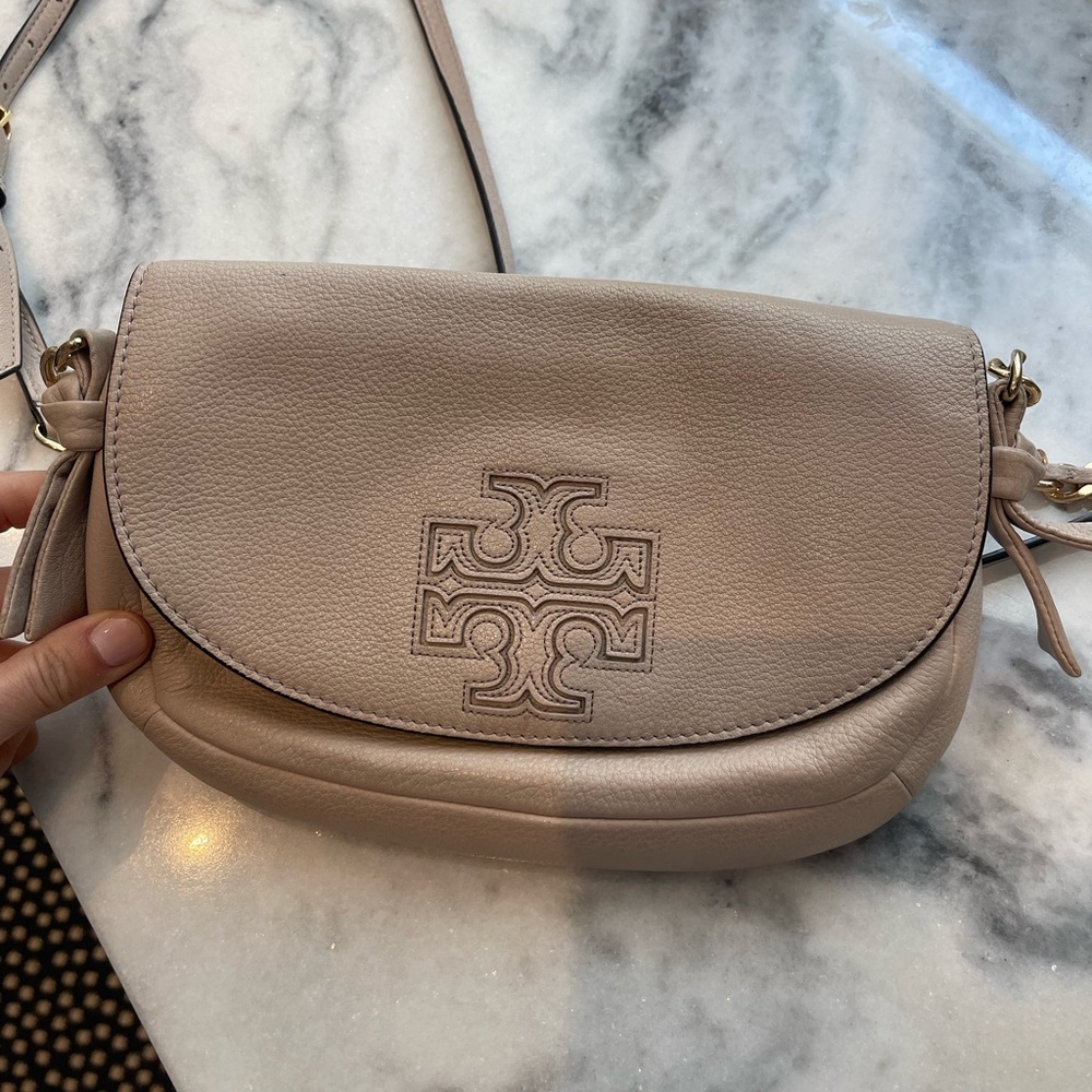 Tory Burch leather crossbody bag.  Very light pink.